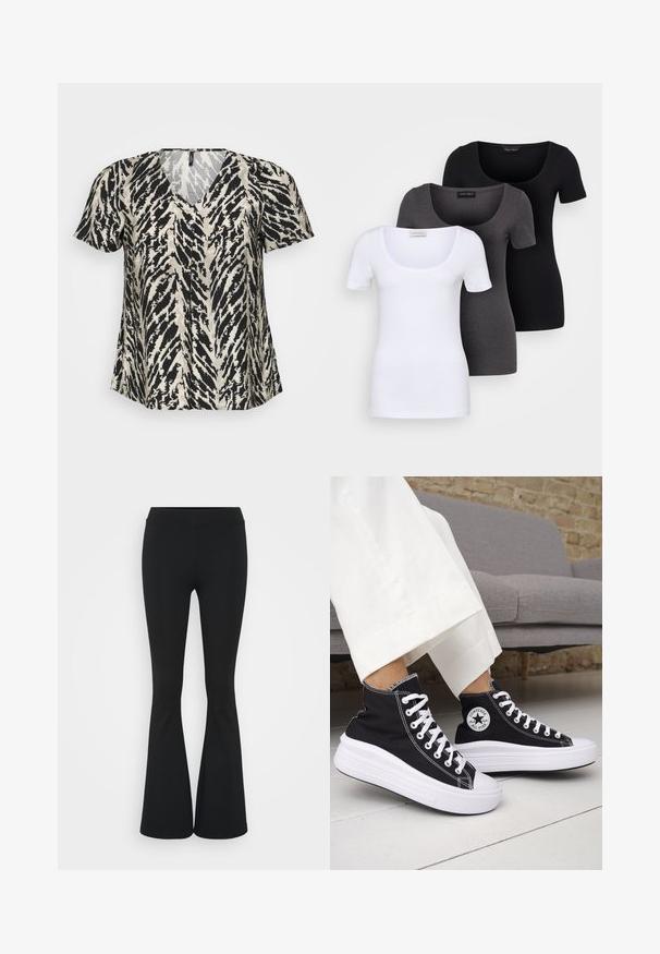 Kratek rokav s V-izrezom, ki ima vzorec tigrove črte v črni in kremni barvi. Tkanina deluje lahkotno in sproščeno.; Tri prilegla majica v beli, sivi in črni barvi. Vsaka ima širok izrez na vratu in kratke rokave. Narejene so iz gladkega, raztegljivega materiala.; Črne hlače s širokimi hlačnicami, izdelane iz raztegljive tkanine, z visokim pasom in gladko teksturo. Hlače se širijo od kolena navzdol.; Črni visoki supergi z belimi gumijastimi podplati in vezalkami. Na njih je okrogel logotip in kontrastno belo šivanje. Iz blaga platna.