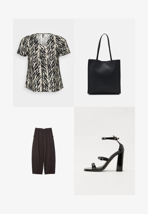 Tričko s krátkym rukávom a výstrihom do V, s čierno-smotanovým pruhovaným vzorom tigra. Tkanina pôsobí ľahkým a voľným dojmom.; Čierne široké nohavice vyrobené z hladkej tkaniny, s vysokým pásom, prednými skladmi a bočnými vreckami. Jednoduchý dizajn bez ozdôb.; Čierne lakované sandále na podpätku so štvorcovou špičkou, navlečenými remienkami okolo členku a striebornými prackami. Disponujú masívnym blokovým podpätkom pre stabilitu.; Čierna kožená taška na rameno s hladkým povrchom, obdĺžnikovým tvarom a dvoma dlhými uchami. Bez viditeľného kovania alebo ozdôb.