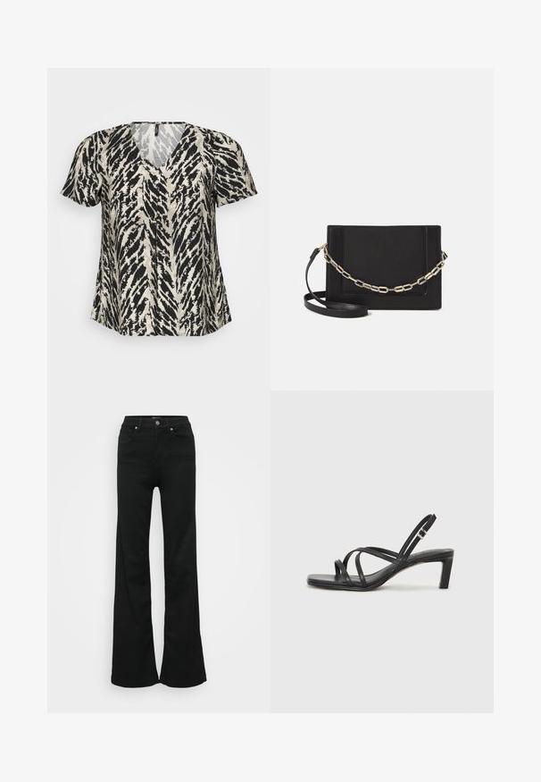Kortsleeve topp med V-hals, prydd med ett svart och krämfärgat tigerstrimmönster. Tyget verkar lätt och luftigt.; Svarta utsvängda jeans i denim, med hög midja, fem fickor och metallknappstängning. Slät textur med minimal detaljering.; Svart sandaler med remmar och fyrkantig tå samt låg blockklack. Har flera tunna remmar och en justerbar ankelrem. Tillverkad av mjukt läder.; Svart läder crossbody-väska med en slät yta, rektangulär form och metallickedjedetalj på framsidan. Justerbar rem ingår.