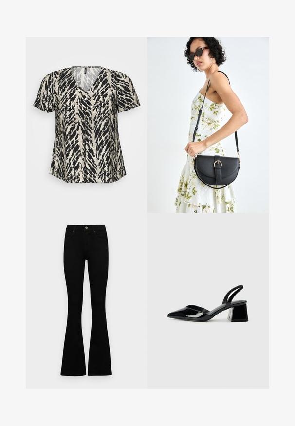 Trumpas rankovėmis viršus su V formos iškirpte, puošiamas juodais ir kreminiais tigro dryžiais. Audinys atrodo lengvas ir plazdantis.; Juodos aukšto liemens džinsai su mygtuku ir užtrauktuku, priekinėmis kišenėmis ir platėjančiomis kojomis, išdėstyti ant baltos fono.; Juodos lakuotos odinės šlepetės su smailiu pirštu ir geometriniu bloko kulnu. Turi elegantišką, minimalistinį dizainą ir lygų paviršių.; Juodas odinis krepšys su išlenkta forma, nuimamu dirželiu ir auksiniais detalėmis. Krepšys turi kilpą su sagtimi.