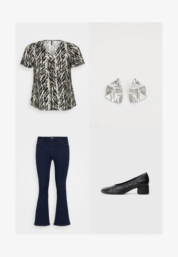 Kurzärmliges Oberteil mit V-Ausschnitt, das ein schwarz-cremefarbenes Tigerstreifenmuster aufweist. Der Stoff wirkt leicht und fließend.; Dunkelblaue, hoch taillierte Jeans aus Denim mit schmalem Oberschenkel und leicht ausgestelltem Beinende, ausgestattet mit Fronttaschen und einem Knopfverschluss.; Schwarze Lederpumps mit runder Zehenpartie und mittelhohem Blockabsatz. Glatte Textur mit minimalen Details, ausgestattet mit einem dezenten elastischen Einstieg.; Silberne Metallohrringe mit einem wellenförmigen, skulpturalen Design, das eine polierte Oberfläche und unregelmäßige Formen aufweist, die eine zeitgenössische Ästhetik betonen.