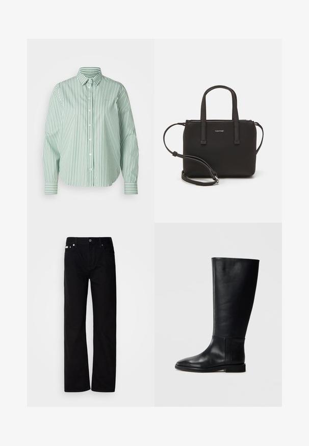 GANT STRIPED - Užsagstoma palaidinė - seacrest green; Juodi džinsai tiesaus kirpimo su penkiomis kišenėmis, sidabriniais kabliukais ir mygtukų užtrauktuku. Medžiaga turi lygią, šiek tiek tekstūruotą apdailą.; Juodos odinės kelio ilgio boot'ai su apvaliu pirštu, lygia tekstūra, minimalistiniu dizainu ir plokščiu padu. Paprasti siuvinėjimo detalės ant šonu.; Juoda rankinė su dviem trumpais rankenėlėmis ir nuimamu petį. Lygaus odos tipo medžiaga su užtrauktuku ir logotipo detale.