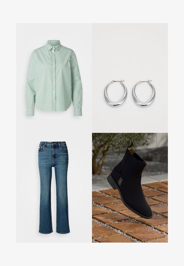GANT STRIPED - Button-down blouse - seacrest green; High-waisted blue jeans made of denim, featuring a straight leg design, subtle fading, and a standard button and zipper closure.; Black leather ankle boot with a smooth finish, yellow inner lining, and a pull tab; set against a textured wood and gravel surface.; Pair of polished silver crescent hoop earrings with hinged clasps on a white background.