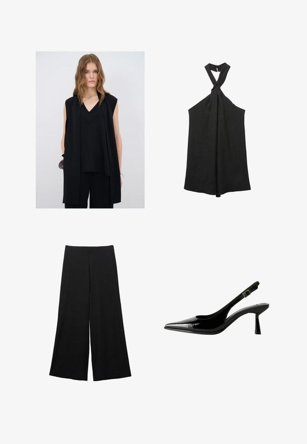 Zwart mouwloos top met een V-hals, voorzien van gelaagde details en textuuraccenten rond de halslijn, gecombineerd met zwarte broeken.; Zwarte mouwloze top met een geknoopt halternek en een losse pasvorm. Gemaakt van textiel met een subtiele glans en knoopsluiting.; Zwarte wijde broek gemaakt van een zachte stof. Heeft een hoge taille en een gladde textuur zonder zichtbare patronen of accenten.; Zwarte gepatineerde leren slingback pump met een spitse neus, uitsparingen aan de zijkanten, een verstelbare enkelband en een dunne, slanke hak.