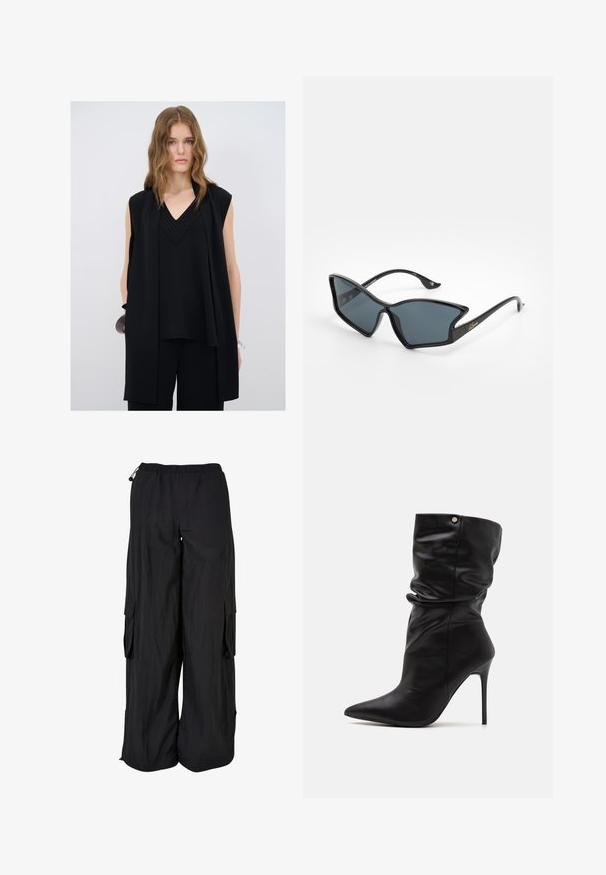 Sort ærmeløs top med V-hals, der har lagdelt detaljer og teksturerede accenter langs halsudskæringen, parret med sorte bukser.; Sorte cargo bukser med elastisk talje, løs pasform, letvægtsstof, sidelommer og en subtil tekstureret finish.; Even&Odd Wide Fit Højhælede støvletter - black; Sorte plastiksolbriller med en geometrisk katteøjeform, grå linser og gyldne detaljer på stængerne. Glat overflade hele vejen rundt om stellet.