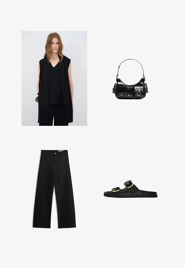 Zwart mouwloos top met een V-hals, voorzien van gelaagde details en textuuraccenten rond de halslijn, gecombineerd met zwarte broeken.; Zwarte denim broek met wijde pijpen en een hoge taille, voorzien van voor- en achterzakken, gestikte naden en een knoopsluiting. Gladde textuur.; Zwarte slipper met twee gouden gesps, gladde textuur, platte zool en een minimalistisch ontwerp.; Zwarte laarzen in lakleer met een gebogen vorm, één schouderband, voorvakken en accenten in zilverkleurig metaal.