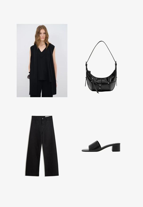 Top nero senza maniche con scollo a V, caratterizzato da dettagli a strati e accenti testurizzati lungo il collo, abbinato a pantaloni neri.; Pantaloni in denim neri a gamba larga con vita alta, dotati di tasche anteriori e posteriori, cuciture a punto, e chiusura con bottone. Texture liscia.; Sandal in pelle nera open-toe con una fascia ampia e un tacco a blocco solido. Caratterizzato da una texture liscia e un design minimale.; Borsa a spalla in pelle nera con forma curvata, caratterizzata da borchie in argento e dettagli cuciti. Tracolla regolabile per versatilità.