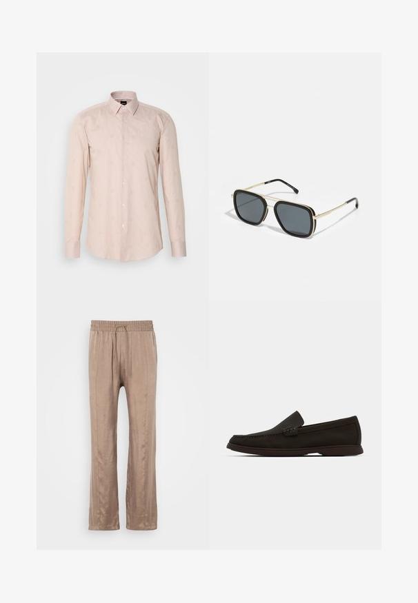 Svetlo roza majica z dolgimi rokavi, ki ima ovratnik na gumbe, subtilen črtast vzorec in vezenine krožnih motivov.; Svetlo rjave široke hlače iz gladkega materiala, z elastičnim pasom in vrvico za zategovanje ter dvema sprednjima pregiboma.; Temno rjavi semiš čevlji brez vezalk z našitkom na prstih, nizkim gumijastim podplatom in teksturiranimi detajli na zgornjem delu.; Črne in zlate sončna očala s kvadratno obliko, kovinskim okvirjem, temno sivo lečo in črnimi nastavki za ušesa. Imajo dvojni most.