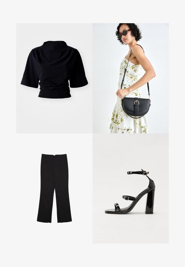 Svart kort topp med korta ärmar, med ett samlat mönster vid midjan och en hög halsringning, tillverkad av mjukt tyg.; Svarta byxor med rak passform, utrustade med framfickor och sidoklyvningar vid fållen. Tillverkade av mjukt, slätt tyg. Lämpliga för olika tillfällen.; Svarta lackerade klacksandaler med fyrkantig tå, ankelremmar och silverfärgade spännen. Har en kraftig blockklack för stabilitet.; Svart läderhandväska med en böjd form, avtagbar rem och guldiga detaljer. Väskan har ett lock med en spänndetalj.