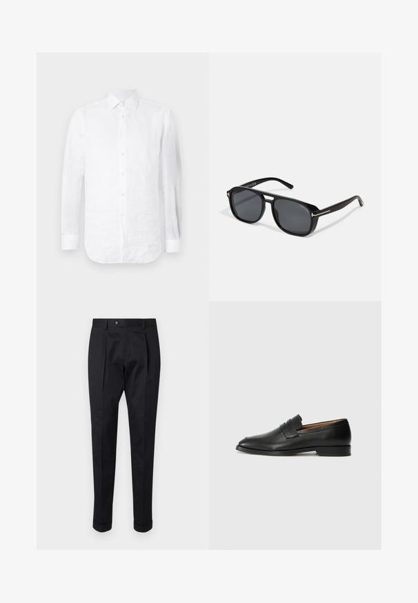 Camisa de lino blanca de manga larga con cuello puntiagudo, cierre de botones en el frente y dobladillo curvado, con una superficie ligeramente texturizada.; Pantalones negros de tejido suave, con un pliegue en la parte delantera, cierre de botón y puños enrollados en el tobillo.; Mocasín de cuero negro con punta redonda, detalles de costura sutil y un tacón bajo, que presenta una textura suave y un diseño minimalista.; Gafas de sol cuadradas negras con lentes grises, que presentan elegantes detalles dorados en las patillas y un marco de acabado mate para un aspecto contemporáneo.