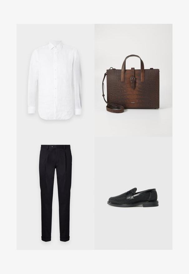 Biała lniana koszula z długim rękawem, posiadająca kołnierzyk w szpic, zapięcie na guziki oraz zaokrąglony dół z lekko fakturowaną powierzchnią.; Dopasowane czarne spodnie wykonane z gładkiego materiału, z płaskim przodem, dwoma przodu fałdami i mankietami dla schludnego, zorganizowanego wyglądu.; Czarny, pleciony but wsuwany z gładkim skórzanym akcentem na cholewce, o okrągłym nosku i niskoprofilowej gumowej podeszwie.; Brązowa torebka ze skórzanym tłoczeniem w kształt krokodyla, z górnymi uchwytami i odpinanym paskiem na ramię. Posiada zapięcie na klamrę i prostokątny kształt.