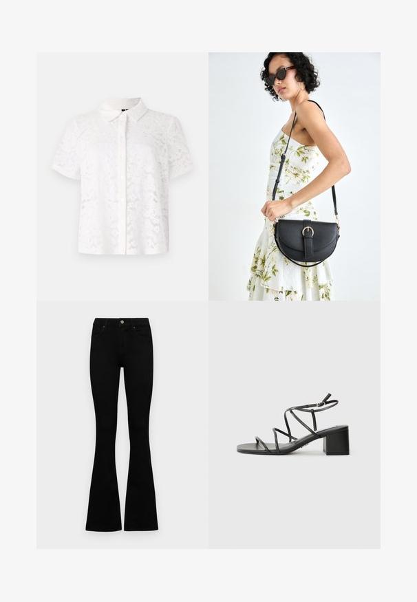 Camisa branca de manga curta feita de tecido rendado, com colarinho e fecho à frente com botões, apresentando padrões florais por todo o material.; Jeans pretos de cintura alta com fecho de botão e zíper, bolsos frontais e pernas largas dispostos em cima de um fundo branco.; Sandálias pretas com tiras, com bico quadrado e salto grosso, feitas de um material suave. Apresentam tiras ajustáveis no tornozelo e hardware minimalista.; Bolsa de couro preta com forma curva, alça destacável e detalhes em dourado. A bolsa possui uma aba com detalhe de fivela.