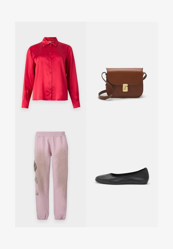 Rotes Satin-Hemd mit langen Ärmeln, Knopfleiste und spitzem Kragen. Glatte Textur und taillierte Passform.; Weißes kurzärmliges T-Shirt aus geripptem Stoff. Runder Halsausschnitt, normale Passform und dezente Nähte. Keine Muster oder Grafiken.; Rosa Sweatpants mit elastischem Bund, verziert mit dekorativen Patches in Diamantform auf der linken Seite und elastischen Bündchen an den Knöcheln.; Schwarze Leder-Ballettschuhe mit abgerundeter Spitze, glatter Textur, minimalen Nähdetails und einem flexiblen Sohlen-Design.; Braune Ledertasche mit Klappenverschluss, Beschlägen in Goldfarbe, einem Schultergurt und einer glatten Oberfläche. Kompakte rechteckige Form.