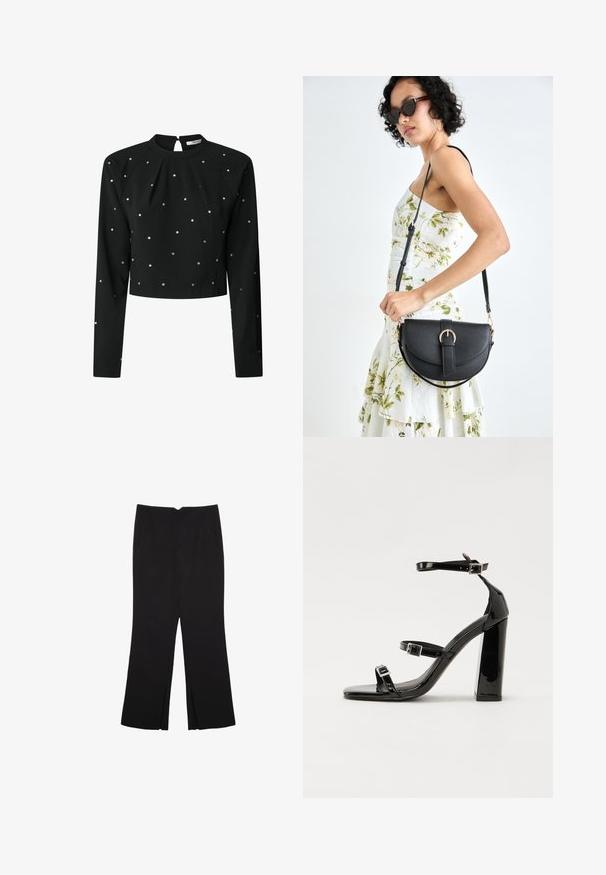 Svart långärmad topp med hög hals och nyckelhålsrygg, prydd med spridda rhinstenar och en cropped design. Tillverkad av mjukt tyg.; Svarta byxor med rak passform, utrustade med framfickor och sidoklyvningar vid fållen. Tillverkade av mjukt, slätt tyg. Lämpliga för olika tillfällen.; Svarta lackerade klacksandaler med fyrkantig tå, ankelremmar och silverfärgade spännen. Har en kraftig blockklack för stabilitet.; Svart läderhandväska med en böjd form, avtagbar rem och guldiga detaljer. Väskan har ett lock med en spänndetalj.