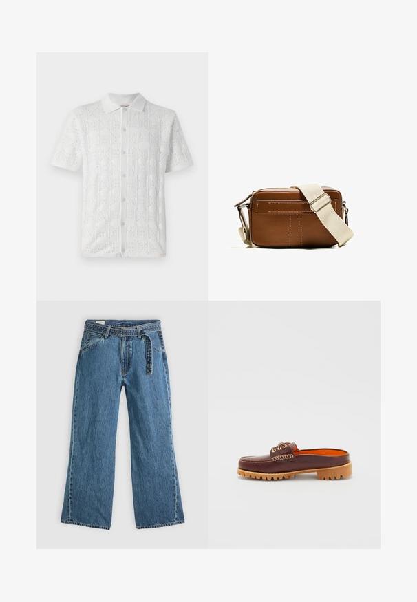 Witte korte mouwen overhemd met een gestructureerd ruitpatroon en kleine perforaties, voorzien van een kraag en vijf knopen aan de voorkant.; Blauwe denim wijde broek met bevestigde riem, voorkruiden en zichtbare stiksels op een effen lichte achtergrond.; Bruine leren instapschoen met een ronde neus, textuurstiksels, gouden oogjes en een tan gekleurde, geribbelde zool. Het interieur is feloranje.; Bruine leren schoudertas met witte stiksels, rechthoekige vorm, ritsafsluiting en een verstelbare beige schouderband. Heeft twee voorvakken.