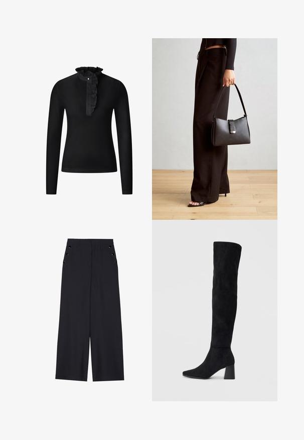 Schwarzes Langarmoberteil mit einem gerüschten Kragen und einem Knopfdetail am Kragen. Glattes Material mit einer figurbetonten Silhouette.; Weite Hosen aus dunkelblauem Stoff mit einer glatten Textur, Vorderfalten und dekorativen goldfarbenen Ösen an den Seitentaschen.; Schwarze Wildleder-Stiefel bis zum Knie mit Blockabsatz, spitzer Zehe und glattem, nahtlosem Design auf einem schlichten, hellen Hintergrund.; Schwarze Handtasche mit strukturierter Form, glatter Textur und einem metallischen Verschluss. Kombiniert mit weiten schwarzen Hosen und offenen Sandalen auf einem Holzboden.