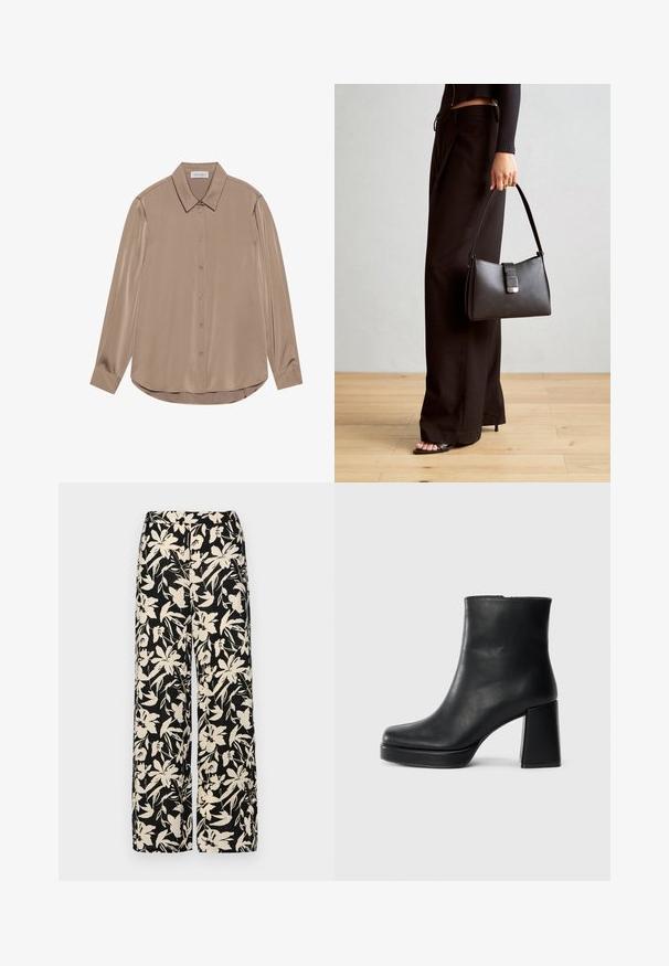 Μακριά μπλούζα με μακριά μανίκια σε μπεζ σατέν με μυτερό γιακά, μπροστινό κλείσιμο με κουμπιά και στρογγυλή γραμμή. Λείος υφασμάτινος χαρακτήρας και κομψή εφαρμογή.; Μαύρο παντελόνι με φαρδιά πόδια και κρεμ σχέδιο λουλουδιών. Κατασκευασμένο από ελαφρύ ύφασμα, με μαλακή υφή και ψηλή μέση.; Μαύρη δερμάτινη μποτάκι στον αστράγαλο με τετράγωνο τακούνι και πλατφόρμα, απεικονισμένο από το πλάι σε λευκό φόντο.; Μαύρη τσάντα χειρός με δομημένο σχήμα, λεία υφή και μεταλλικό κούμπωμα. Συνδυασμένη με φαρδιά μαύρα παντελόνια και σανδάλια ανοιχτής μύτης πάνω σε ξύλινο πάτωμα.