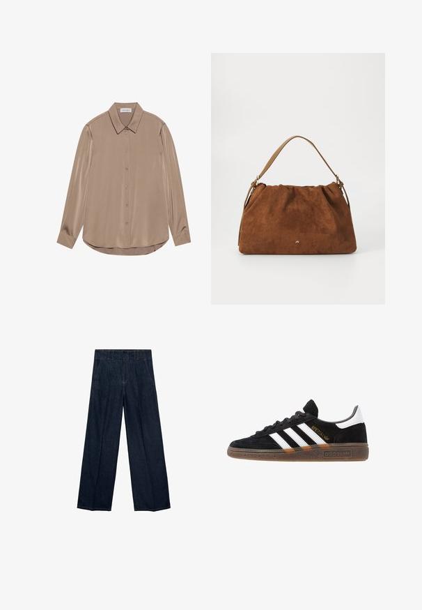 Blusa a maniche lunghe in satin taupe con colletto a punta, chiusura frontale con bottoni e orlo arrotondato. Texture liscia e vestibilità sagomata.; Jeans a gamba larga blu navy con vita alta, pieghe e design tradizionale a cinque tasche, realizzati in tessuto di denim con sottili dettagli di cucitura.; Sneaker Adidas nere con strisce bianche, testo "Spezial" dorato, suola in gomma e tab sul tallone bianco, mostrato in veduta laterale.; Borsa in suede marrone con un design arricciato, dotata di una singola tracolla in pelle beige e di un sottile logo dorato dettagliato sulla parte anteriore.