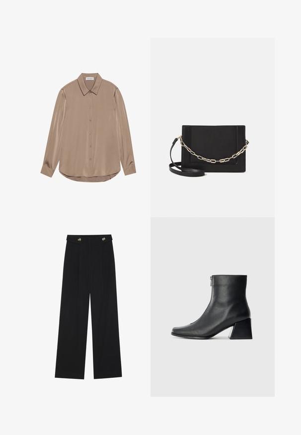 Ilga rankovė blusa iš taupe satino su smailiu apykakliu, priekiniais mygtukais ir apvaliu kraštu. Lygus paviršius ir pritaikyta forma.; Juodi plačios kojos kelnės su aukštu liemeniu, sagų detalėmis ant liemens ir priekinėmis raukšlėmis.; Juodas odinis kulkšninis botas su kvadratiniu pirštu, šoniniu užtrauktuku ir blokuotu kulnu, prieš lengvą paprastą foną.; Juodas odinis per petį nešiojamas krepšys turi lygų paviršių, stačiakampio formą ir metalinę grandinėlę priekyje. Pridedama reguliuojama dirželis.