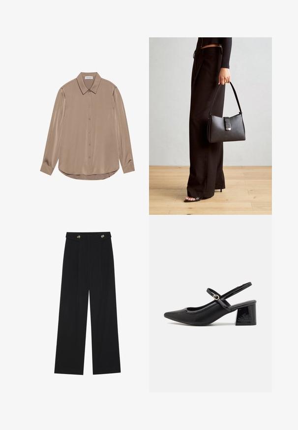 Long-sleeved blouse in taupe satin with a pointed collar, front button closure, and rounded hemline. Smooth texture and tailored fit.; Black wide-leg trousers with high waist, button details on waistband, and front pleats.; Black patent leather slingback heels with a pointed toe, a rounded cutout design, and a block heel. Features a gold-tone buckle accent.; Black handbag with structured shape, smooth texture, and a metallic clasp. Paired with wide black pants and open-toe sandals on wooden floor.
