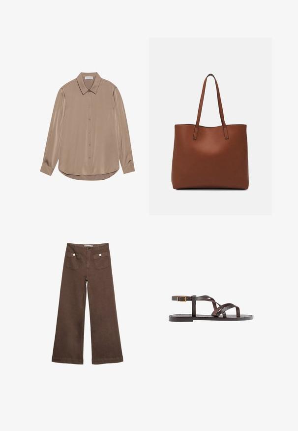 Long-sleeved blouse in taupe satin with a pointed collar, front button closure, and rounded hemline. Smooth texture and tailored fit.; Brown wide-leg trousers made of cotton, featuring two front pockets with silver buttons, and a smooth texture.; Brown leather sandal featuring crisscross straps, an ankle buckle closure, and a flat sole with minimal stitching details.; Brown leather tote bag with a smooth texture, open top design, and two shoulder straps. Features minimal stitching and no visible hardware.