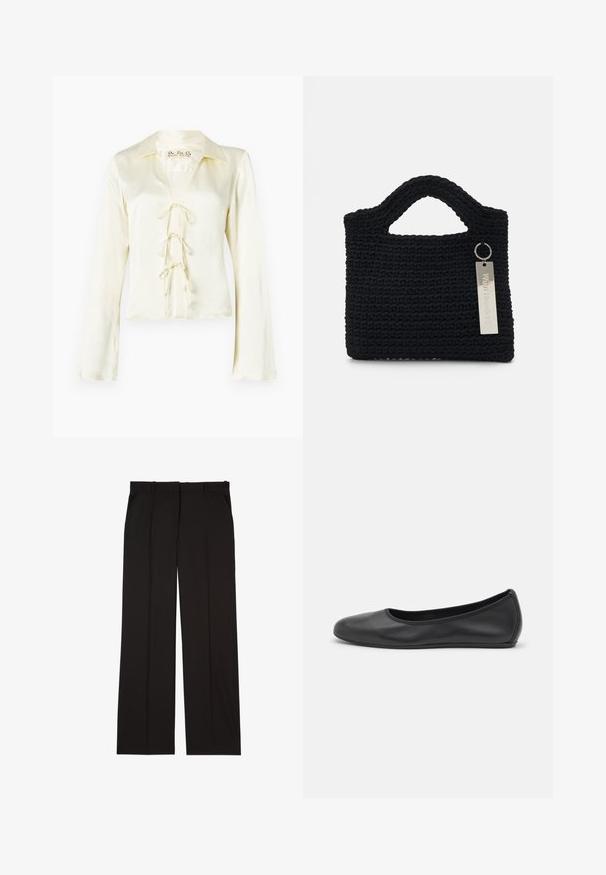 Cremfarbene Bluse mit langen Ärmeln, Kragen und V-Ausschnitt, mit einer Schnürung vorne, die drei Stoffbänder umfasst, sowie einer glatten, seidigen Textur.; Schwarze, maßgeschneiderte Hosen aus einem glatten Stoff, mit geradem Bein und zwei Seitentaschen. Elegante und minimalistische Konstruktion.; Schwarze Leder-Ballettschuhe mit abgerundeter Spitze, glatter Textur, minimalen Nähdetails und einem flexiblen Sohlen-Design.; Won Hundred MARSIELLE COMPUTER BAG UNISEX - Notebooktasche - black