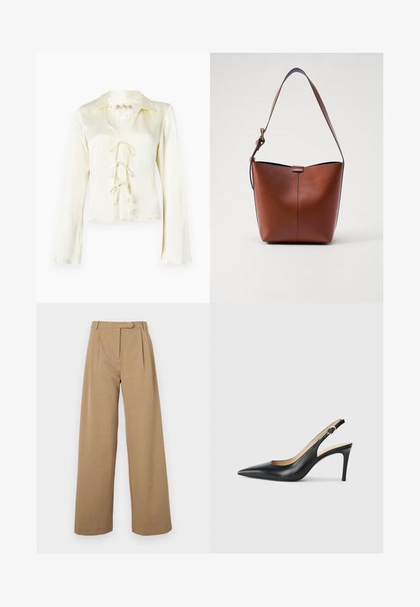 Roomkleurige blouse met lange mouwen, een kraag en een V-halslijn, met een vetersluiting aan de voorkant met drie stoffen strikken en een gladde, zijden uitstraling.; Wijdvallende broek in lichtbruin, gemaakt van gestructureerde stof. Voorzien van voorplooien en een getailleerde tailleband. Eenvoudig ontwerp zonder zichtbare hardware.; Zwarte leren slingback-hakken met een spitse neus, verstelbare band en een elegante stiletto-hak, met een gladde afwerking.; Bruine leren schoudertas met een gebogen vorm, gladde textuur en een enkele dunne schouderband. Heeft een subtiele naad en een klein logo-detail.