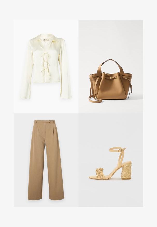 Kreemine pikakäistega pluus, millel on krae ja V-kujuline kaelus, esiküljel on madala lõikega, millel on kolm kangast sidumispaela ning sile, siidine tekstuur.; Laia pükse heledas pruunis, valmistatud tekstureeritud kangast. Omab ees voldikuid ja vormitud vöökohta. Lihtne disain, kus pole nähtavat riistvara.; Beez kõrge kontsaga sandaalid, millel on punutud tekstuur, dekoratiivne lilleke ja pahkluu rihm. Ruudukujuline konts tagab stabiilsuse.; Tory Burch ROMY PEBBLED SATCHEL - Käekott - tiramisu