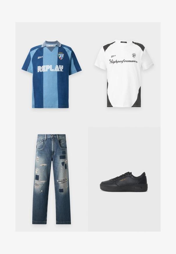 Jerser s kratkimi rokavi, navdihnjen z deninom, z dark blue in svetloblue črtastim dizajnom, V-izrezom in izrazito prikazanim logotipom "REPLAY".; Bela kratka majica s kratkimi rokavi z črnimi detajli. Vsebuje logo "REPLAY FC" in besedilo "Highperformance" v športnem fontu. Narejena je iz gladkega materiala.; Jeans iz denima z obrabljenimi flikami in različnimi odtenki modre, s strahim krojem in tradicionalnim pet-pocket dizajnom.; Replay EPIC HIGH - Športni copati - black