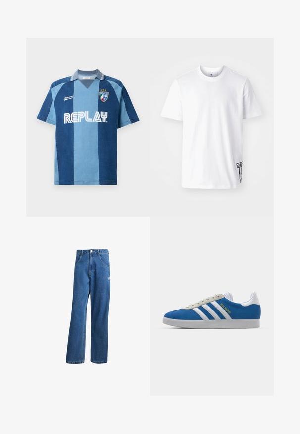 Jersey inspirado em denim com mangas curtas, apresentando um design listrado em azul escuro e azul claro, gola em V e o logo "REPLAY" em destaque.; Camiseta de algodão branca com mangas curtas, decote redondo e um patch do logo preto da Adidas no lado inferior esquerdo. Textura suave.; Calças de ganga azul com cintura alta e perna larga, com bolsos frontais, passadores de cinto, fecho de botão e pequeno logótipo da Adidas na coxa direita.; adidas Originals ADIDAS GAZELLE SHOES - Botas de futebol de salão - real madrid/bluebird/footwear white/crew yellow