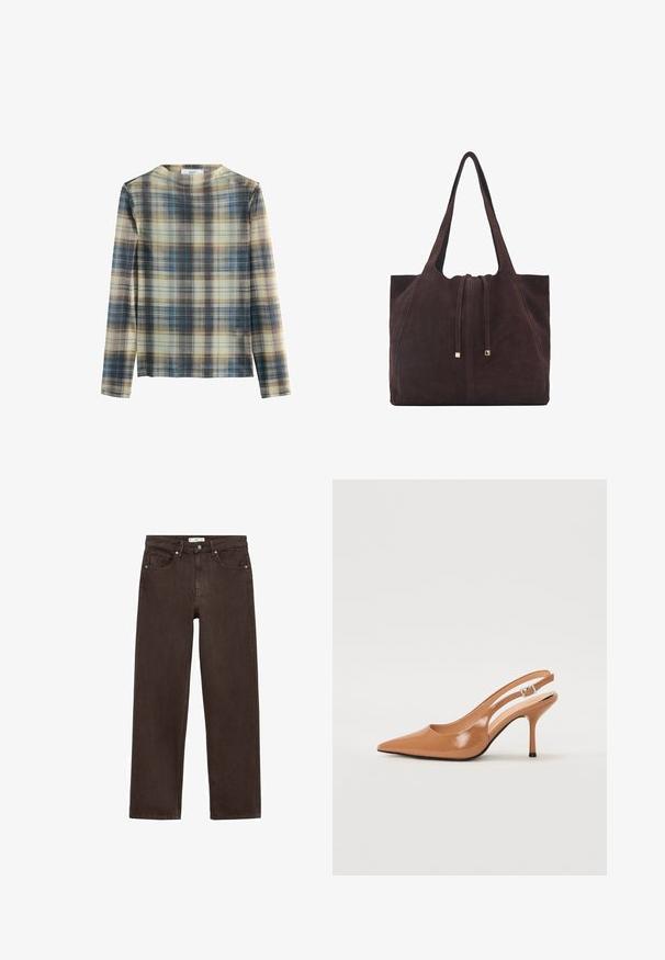 Pitkähihaisen paidan ruudullinen kuosi, jossa on beige, sininen ja ruskea sävy. Pehmeä materiaali, jossa on pyöreä pääntie ja suora leikkaus.; Ruskeat leveälahkeiset farkut, valmistettu denimestä, joissa on klassinen viiden taskun muotoilu, napitus ja hienovaraiset ompeluyksityiskohdat.; Korkokenkä, jossa on terävä kärki ja avonainen kanna, valmistettu sileästä, kiiltävästä ruskeasta materiaalista. Sisältää kaarevan leikkuun muotoilun ja hoikan stilettokannan. Hopeinen solkiyksityiskohta.; Mango Shopping bag - dark brown