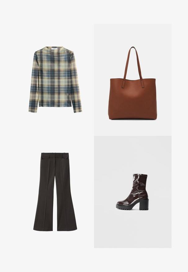 Dolgi rokav v karo vzorcu v odtenkih bež, modre in rjave barve. Mehak material s okroglim izrezom in ravnim krojem.; Črne razširjene hlače z visokim pasom; vključujejo dva sprednja žepa in gladko teksturo tkanine. Primerne za različne priložnosti.; Sijajan škrlatank z bleščečim videzom, z masivnim črnim peto, ki se ponaša z gladko teksturo in preprostim dizajnom. Brez vidnih zapenjal ali vzorcev.; Rjava usnjena torba z gladko teksturo, odprto zasnovo zgoraj in dvema naramnima trakovoma. Opremljena je z minimalnim šivanjem in brez vidnih kovinskih delov.