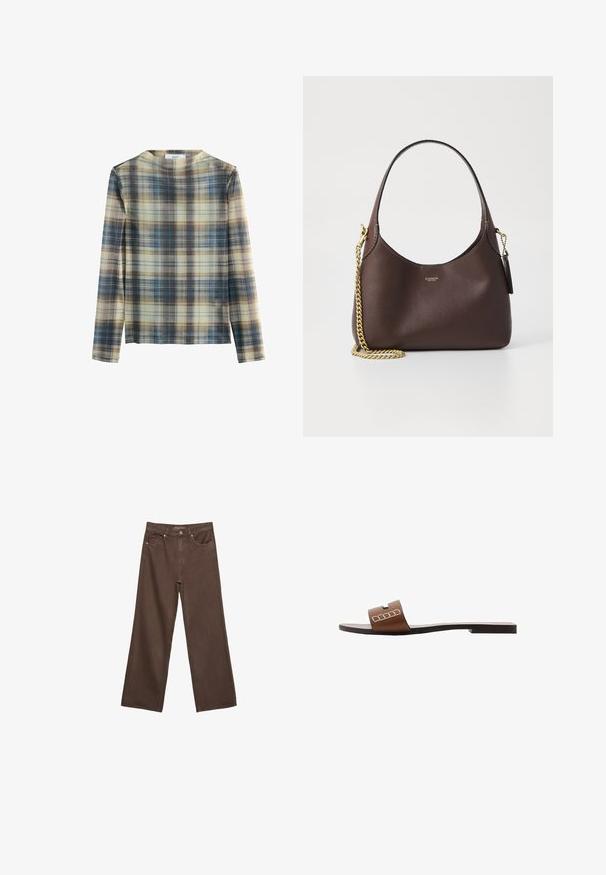 Maglia a maniche lunghe con motivo a quadri che presenta tonalità di beige, blu e marrone. Materiale morbido con scollatura rotonda e taglio dritto.; Jeans a gamba larga marroni in denim, con vita alta, tasche anteriori e chiusura a bottone classica. Tessuto liscio con cuciture sottili.; Infradito in pelle marrone con suola piatta, dotate di una larga fascia e accenti geometrici bianchi per un design minimalista.; COACH BROOKLYN SHOULDER BAG 23 - Borsa a mano - maple