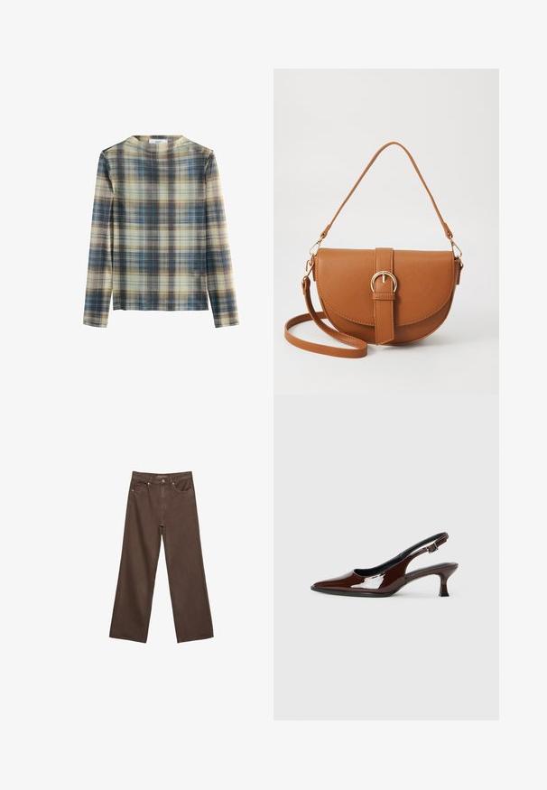 Dolgi rokav v karo vzorcu v odtenkih bež, modre in rjave barve. Mehak material s okroglim izrezom in ravnim krojem.; Široke rjave kavbojke iz denima, ki imajo visok pas, sprednje žepe in klasično zapiranje na gumb. Gladka tekstura s subtilnim šivom.; Rjavi lakirani slingback čevelj z ostro konico in zmerno peto. Ima zaponko za varno prileganje. Gladka tekstura.; Rjava usnjena torbica prek telesa s ukrivljeno obliko, zlate opreme in sponko. Ima odstranljiv naramni trak.