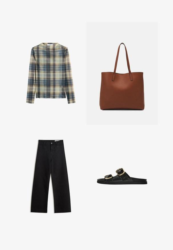 Long-sleeved top in a plaid pattern featuring shades of beige, blue, and brown. Soft material with a round neckline and straight cut.; Black wide-leg denim pants with a high waist, featuring front and back pockets, stitched seams, and a button closure. Smooth texture.; Black slide sandal with two gold buckle accents, smooth textured material, flat sole, and a minimalist design.; Brown leather tote bag with a smooth texture, open top design, and two shoulder straps. Features minimal stitching and no visible hardware.