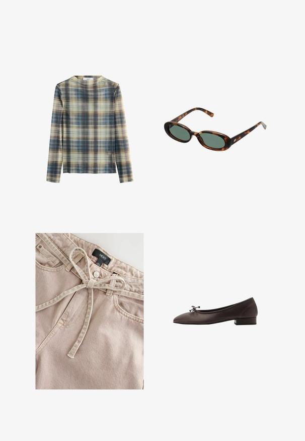 Maglia a maniche lunghe con motivo a quadri che presenta tonalità di beige, blu e marrone. Materiale morbido con scollatura rotonda e taglio dritto.; Pantaloni in cotone rosa chiaro con frontale piatto, cintura a fiocco e texture sottile. Presenta una chiusura con bottone e tasche frontali. Etichetta: NEXT.; Ballerina in pelle marrone con punta arrotondata e tacco a blocco piccolo. Presenta un sottile fiocco sul davanti e dettagli di cucitura discreti.; Occhiali da sole tartarugati con montatura ovale e lenti verdi. Presentano aste sottili con un accento metallico vicino alle cerniere.; Borsa a tracolla gialla intrecciata con manico curvo e forma non strutturata. La superficie testurizzata presenta un motivo a incrocio.
