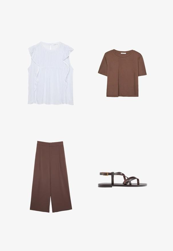 Blusa a righe azzurro chiaro con scollatura rotonda, spalline arricciate e apertura a forma di chiave sulla schiena. Il tessuto è morbido e leggero.; Maglietta a maniche corte marrone realizzata in tessuto morbido, con scollatura rotonda e vestibilità rilassata. Nessun motivo o dettaglio visibile.; Pantaloni ampi marroni con una texture liscia, caratterizzati da una vita alta e pieghe frontali. Il tessuto è leggero e scorre liberamente.; Sandal in pelle marrone con cinturini incrociati, chiusura con cinturino alla caviglia e suola piatta con dettagli di cucitura minimi.