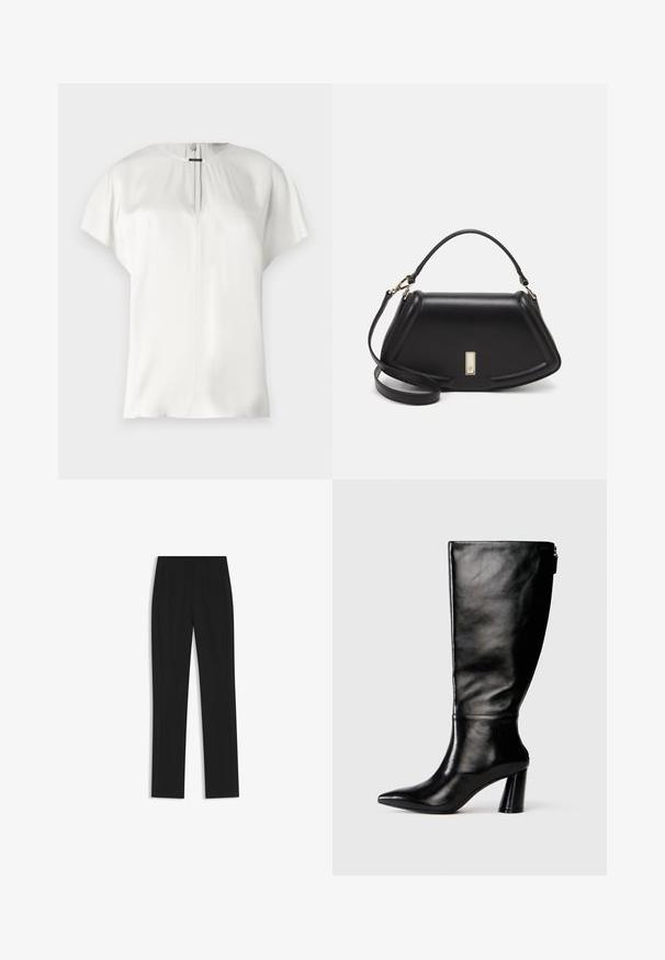 White short-sleeve blouse with a round neckline and a subtle front slit. Smooth, lightweight fabric with a soft texture and a relaxed fit.; Black tailored trousers with a straight-leg design, featuring front pockets and a smooth, textured fabric. Neat, minimal detailing.; Knee-high black leather boot with a pointed toe, smooth texture, and a chunky heel. Features a zipper detail at the back.; Black leather handbag with a structured design, featuring a cropped shape, top handle, and gold hardware accent. Adjustable shoulder strap included.