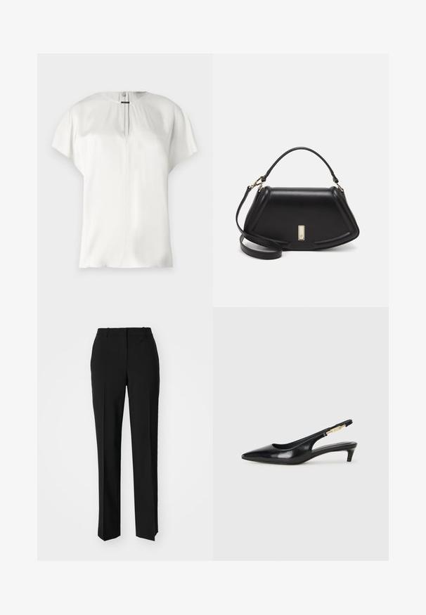 Hvit kortermet bluse med rund hals og en subtil frontsplit. Glatt, lett stoff med myk tekstur og avslappet passform.; Sorte skreddersydde bukser med rett silhuett, med en glatt tekstur og klare pressede bretter foran. Ingen synlig maskinvare.; Sorte lærreim hæler med spiss tå, som har en slank hæl og en gullfarget detalj på den justerbare stroppen. Glatt tekstur.; Sort lærveske med en strukturert design, som har en avkortet form, topphåndtak og detaljer i gull. Justerbar skulderstropp inkludert.