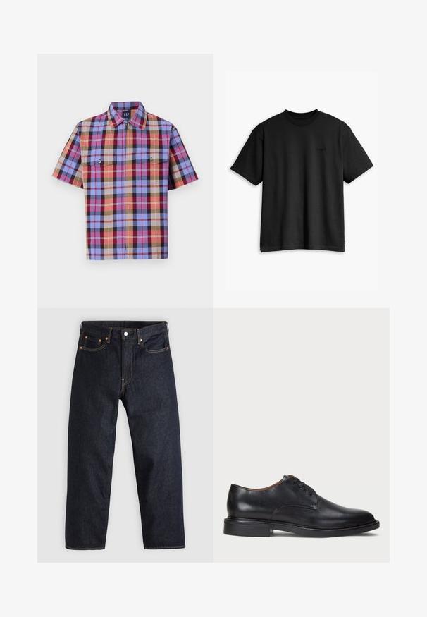 Short-sleeve plaid shirt featuring multiple colors including blue, red, and brown, with two chest pockets and a straight collar.; Black cotton t-shirt with a crew neck and short sleeves. Features a subtle front logo and a straight hemline. Simple and minimalistic design.; Dark blue denim jeans with a straight cut, five pockets, contrasting orange stitching, and a button fly. No visible patterns or embellishments.; Black leather dress shoe with a round toe, lace-up design, and a low stacked heel. Smooth texture with minimal stitching details.