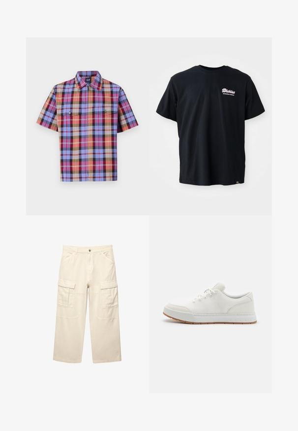 Korte mouwen geruite shirt in meerdere kleuren, waaronder blauw, rood en bruin, met twee borstzakken en een rechte kraag.; Zwarte katoenen t-shirt met korte mouwen, ronde halslijn en een roze logo op de linkerkant van de borst. Bevat een label op de linker onderzoom.; Beige cargobroek van katoen, met twee zijzakken, rechte pijpen en gestikte details. Lijkt lichtgewicht en duurzaam.; Witte sportschoenen met een bovenwerk van mesh, ronde neus en rubberen zool met een gestructureerd patroon. Voorzien van platte veters en subtiele branding op de hiel.