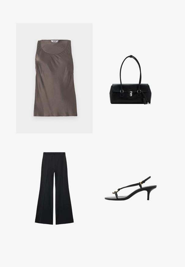 Top sin mangas de satén marrón con escote redondo y suaves drapeados en los lados. La etiqueta visible en el interior muestra el nombre de la marca "WEEKDAY."; Pantalones de pierna ancha negros con una textura suave, que presentan pliegues frontales y un diseño a medida. La tela es ligera y fluida.; Sandalia de tacón kitten negro de cuero con tiras delgadas, hebilla dorada y lazo para los dedos minimalista sobre un fondo blanco.; Bolso de mano de cuero negro con una textura suave, diseño estructurado, asas dobles y un detalle de cierre plateado en el centro.