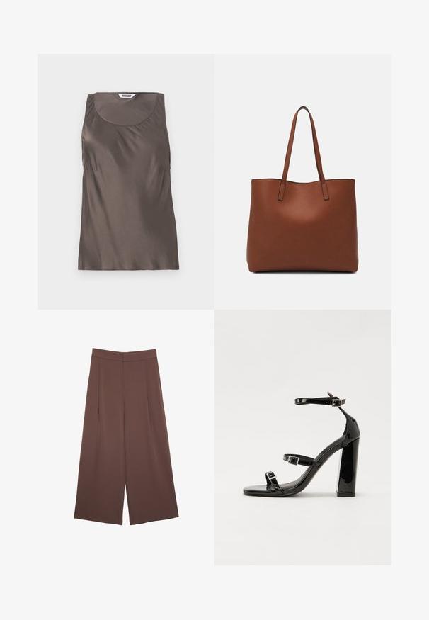 Brun satin ærmeløs top med rund halsudskæring og bløde draperinger i siderne. Etiketten indeni viser mærkenavnet "WEEKDAY."; Brune bredbunde bukser med en glat tekstur, der har høj talje og plisseringer foran. Stoffet er let og falder løst.; Sorte patenterede hælsandaler med firkantet tå, ankelremme og sølvspænder. Har en chunky blokHæl for stabilitet.; Brun læder tote taske med en glat overflade, åben topdesign og to skulderremme. Har minimal syning og ingen synlig hardware.