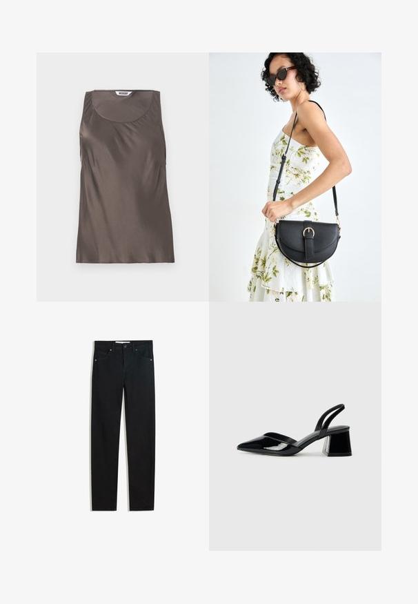 Brown satin sleeveless top with a round neckline and soft draping on the sides. Tag visible inside featuring the brand name "WEEKDAY."; Black denim pants with a straight leg design, five pockets, metal button closure, and subtle stitching details. Smooth texture.; Black patent leather slingback heels with a pointed toe and a geometric block heel. Features a sleek, minimal design and smooth texture.; Black leather handbag with a curved shape, detachable strap, and gold hardware. The bag features a flap with a buckle detail.