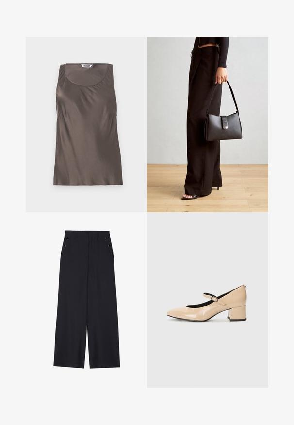 Rjava satenasta brezrokavna majica z okroglo izrezom in mehkim drapiranjem ob straneh. Notranja etiketka z imenom blagovne znamke "WEEKDAY."; Široke hlače iz temno modrega materiala, z gladko teksturo, sprednjimi gubami in dekorativnimi zlatimi kopčami na stranskih žepih.; Bežna patenti kožna Mary Jane obutev s simuliranim prstom, s sponko in srednje visokim blok peto. Gladka tekstura z leskom.; Črna torbica z strukturirano obliko, gladko teksturo in kovinskim zaponko. Ujemajo se z širokimi črnimi hlačami in odprtimi sandali na lesenem tleh.