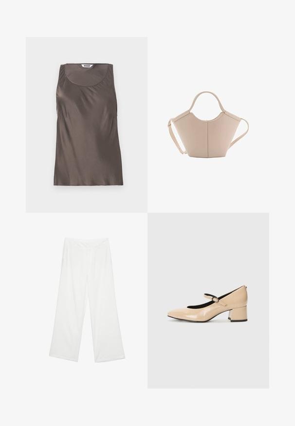 Hnědý saténový top bez rukávů s kulatým výstřihem a jemným drapováním na bocích. Uvnitř je viditelná etiketa s názvem značky "WEEKDAY."; Kalhoty s širokými nohavicemi z bílé látky, s hladkým povrchem, předními kapsami a klasickým pasem s poutky na opasek.; Béžové lakované Mary Jane boty s falešným špičkou, přezkou a středně vysokým blokovým podpatkem. Hladký povrch s lesklým finišem.; Beige kožená kabelka s jedinečným tvarem, vybavená dvěma krátkými uchy a dlouhým nastavitelným popruhem. Hladká textura s minimem kovových doplňků.