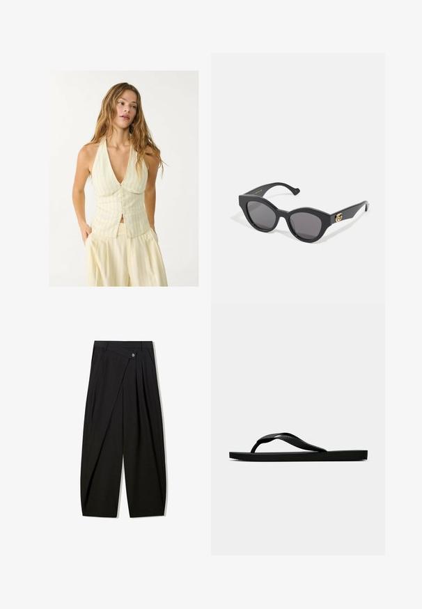 Top na halter w jasnym żółtym kolorze z pionowymi paskami, z głębokim dekoltem w serek i zapięciem na guziki z przodu. Gładki materiał z dopasowanym krojem.; Czarne spodnie szerokie z gładkiego materiału, z przodu z plisami, zapinane na guzik, zaprojektowane w zwężający sposób dla uzyskania zdefiniowanej sylwetki.; Czarne gumowe klapki z teksturowanym paskiem i prostą płaską podeszwą, przedstawione z boku na jasnym jednolitym tle.; Czarne okulary przeciwsłoneczne w kanciastej formie kociego oka, z ciemnymi szkłami. Złoty akcent logo na zauszniku. Gładka plastikowa oprawka.; Czarna skórzana torba na ramię o miękkim, teksturowanym wykończeniu. Posiada zaokrąglony kształt i pojedynczy regulowany pasek. Brak dodatkowego sprzętu.