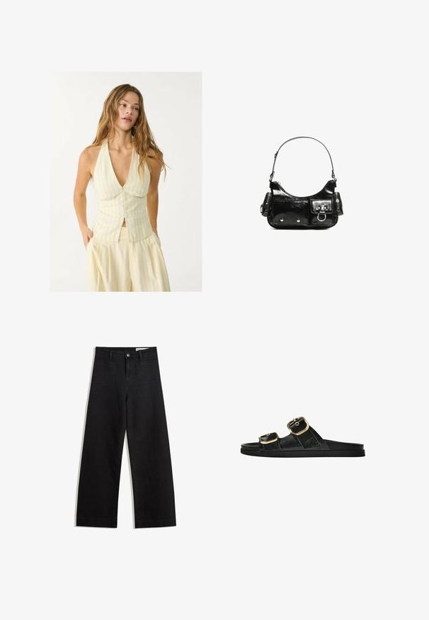 Halter-neck top in light yellow with vertical stripes, featuring a deep V-neckline and front button closure. Smooth fabric with a fitted silhouette.; Black wide-leg denim pants with a high waist, featuring front and back pockets, stitched seams, and a button closure. Smooth texture.; Black slide sandal with two gold buckle accents, smooth textured material, flat sole, and a minimalist design.; Black patent leather handbag with a curved shape, one shoulder strap, front pockets, and silver-tone hardware accents.