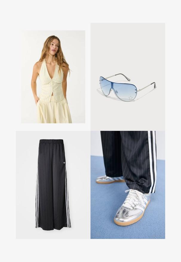 Haltertop in hellem Gelb mit vertikalen Streifen, mit tiefem V-Ausschnitt und Knopfverschluss vorne. Glatter Stoff mit einer taillierten Silhouette.; Schwarzfarbene, weit geschnittene Hosen mit vertikalen weißen Streifen, elastischem Bund und drei weißen Streifen an der Seite. Adidas-Logo auf der Vorderseite.; Metallisch silberne Sneaker mit weißen Schnürsenkeln und drei weißen Streifen, kombiniert mit schwarzen Nadelstreifen-Hosen. Gummisohle am Boden.; Flugzeugbrille mit einem verlaufenden blauen Glase, silbernem Metallrahmen und dekorativen Sternelementen auf dem Glas. Glattes und elegantes Design.