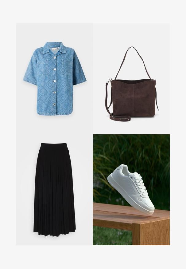 Button-up shirt in light blue denim with a textured diamond pattern, short sleeves, and two chest pockets. Features a collar and front buttons.; Black pleated skirt with a high, stretchy waistband. Made from soft fabric, featuring vertical pleats for a flowing silhouette.; White sneaker with a smooth synthetic upper, perforated toe box, flat laces, and a textured sole, displayed on a wooden surface.; Brown suede tote bag with a soft texture, featuring a single shoulder strap and a subtle curved top opening. No visible hardware details.